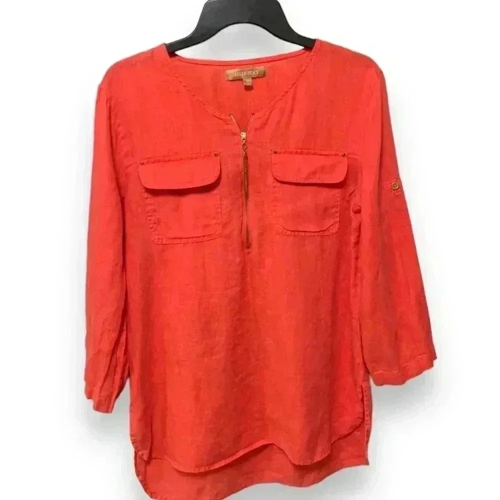 Ellen Tracy Women's Size Small 3/4 Sleeve Quarter Zip Front Lightweight Top